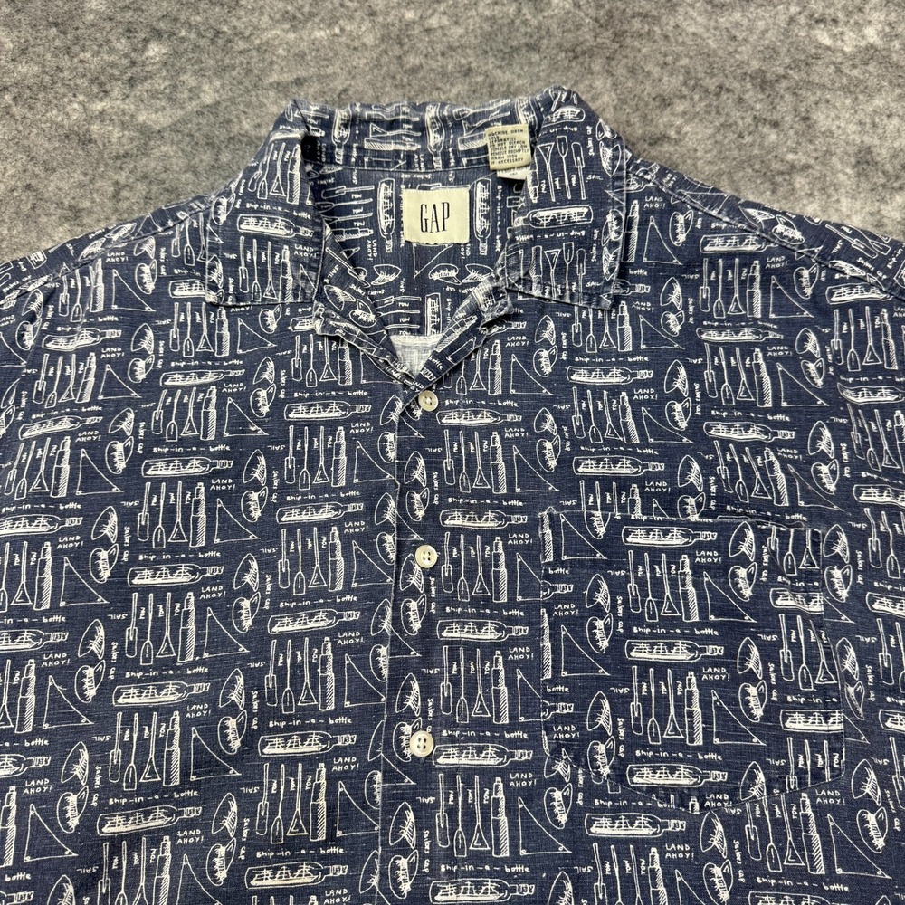 VTG Gap Shirt Mens Large Blue Nautical Ship Bottle Linen Blend Button Up Travel - Picture 3 of 7